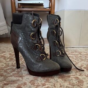 Tory Burch Lawson Bootie Pewter Brown Leather Platform Stiletto Ankle Boots